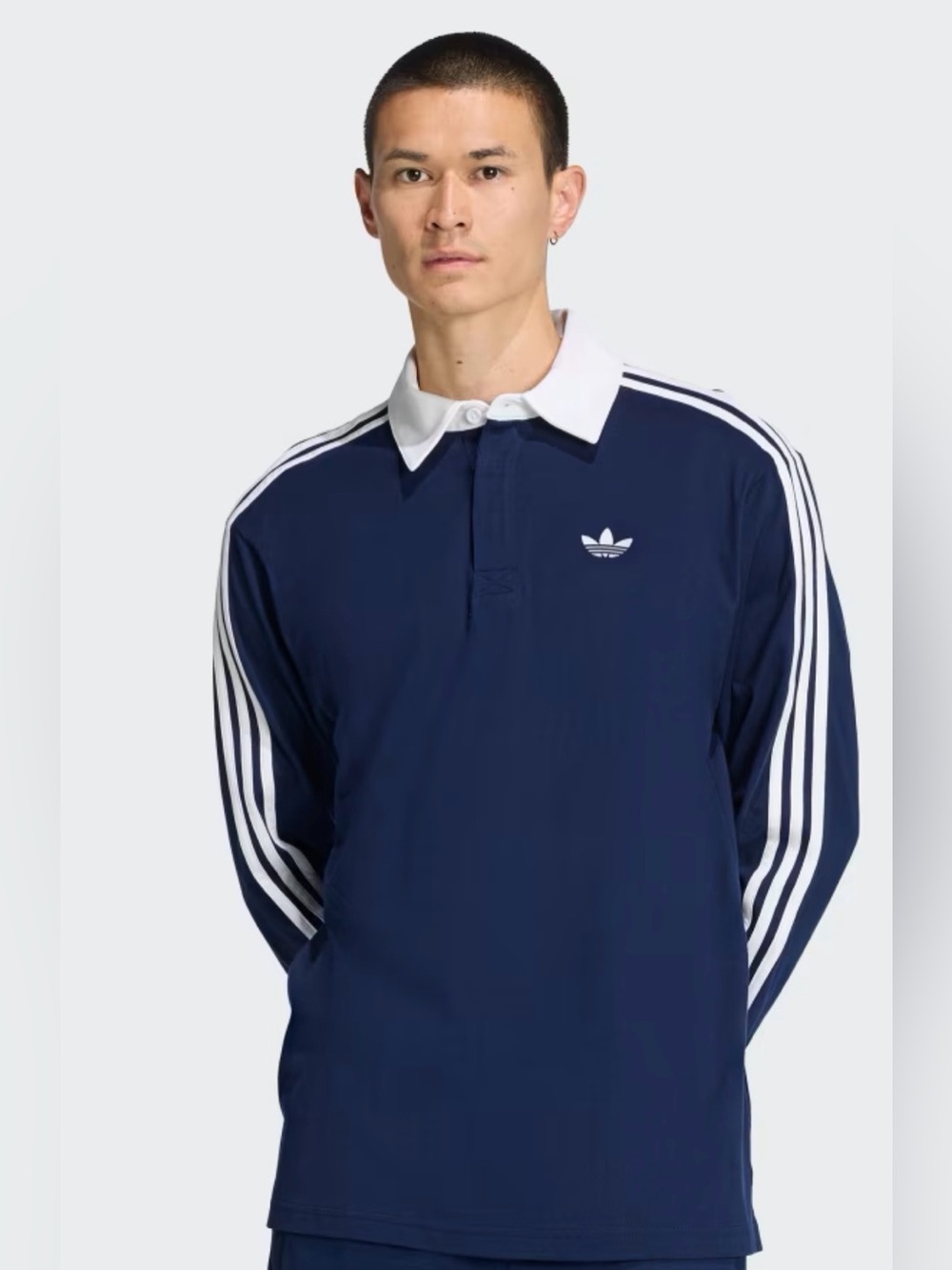 adidas Navy Long-Sleeve Rugby Polo with White Trim